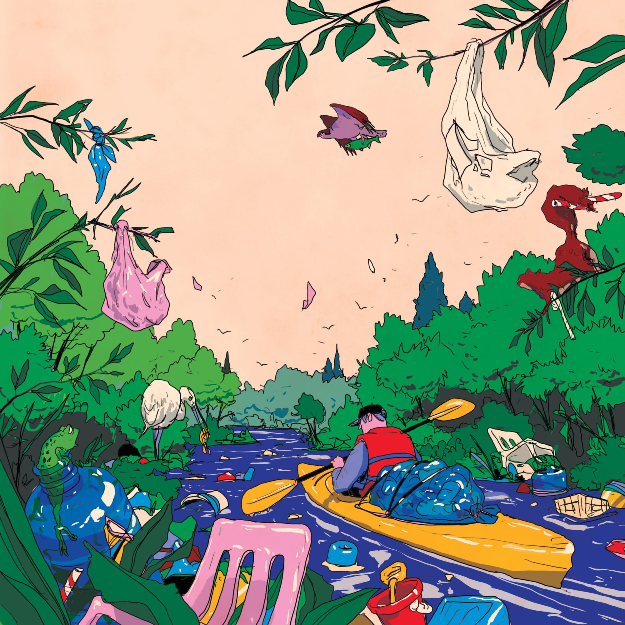 мужчина на байдарке проплывает по природному ландшафту, наполненному пластиковыми предметами