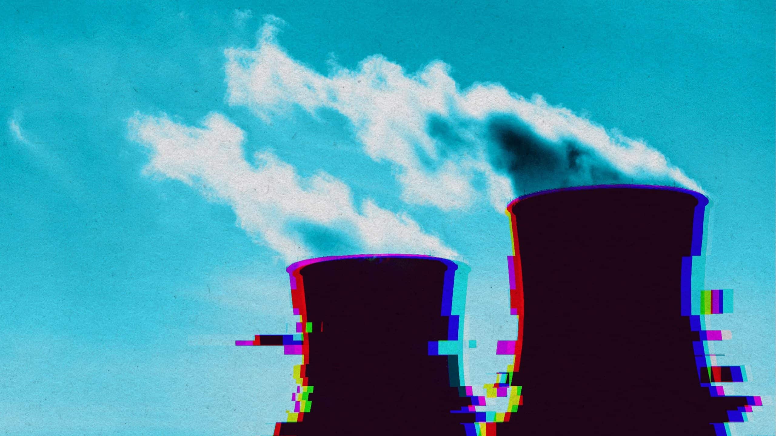 Концептуальная фотоиллюстрация виртуальной электростанции, показывающая две дымовые трубы с эффектом глитча.