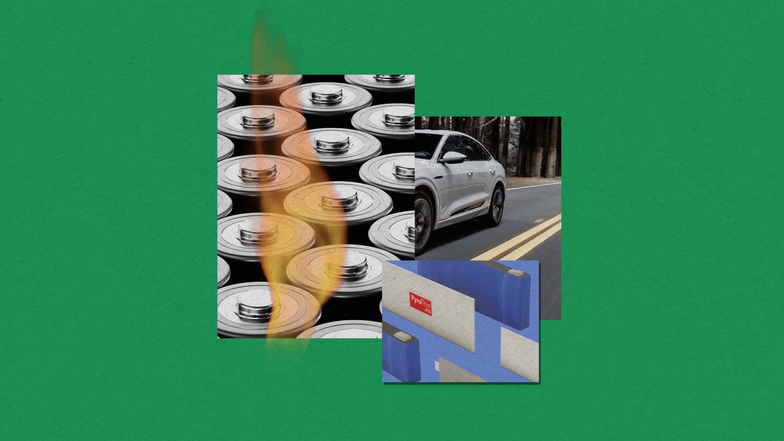 сетка из аккумуляторов, часть электромобиля, едущего по дороге, пламя и вставка аэрогелей PyroThin