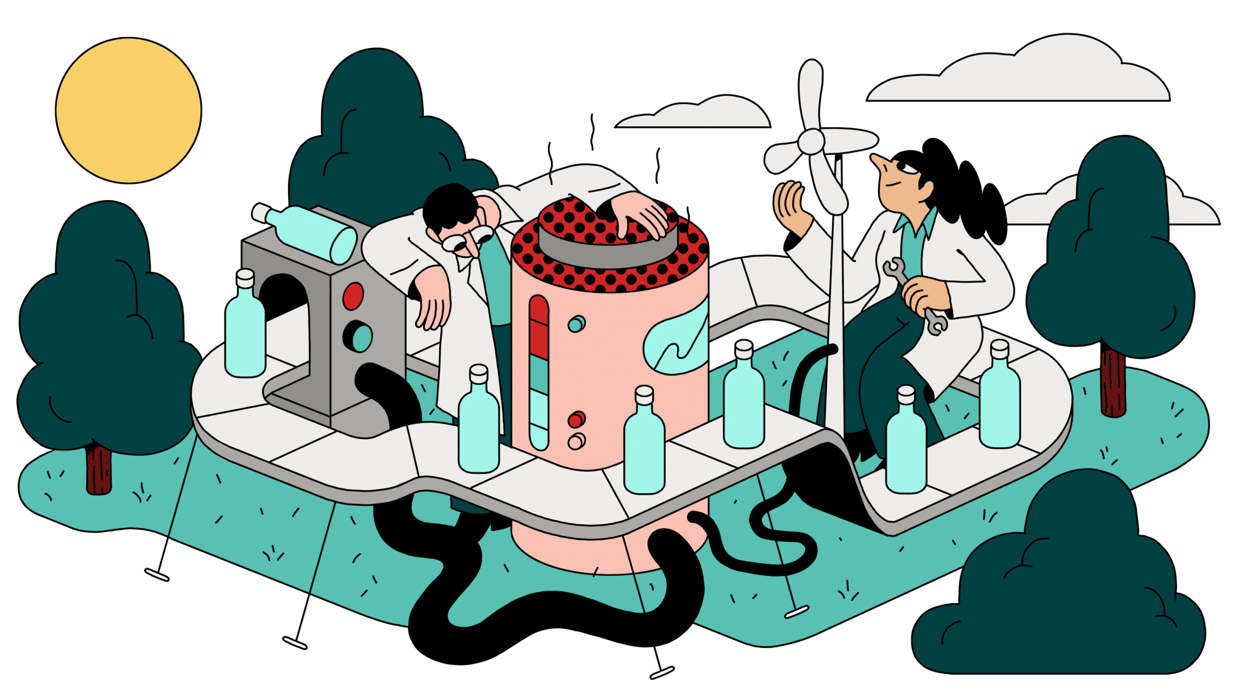 Два инженера в белых халатах контролируют работу теплового аккумулятора, питающего конвейер с бутылками